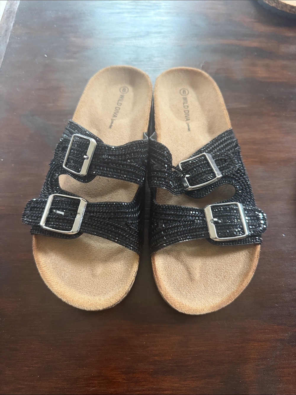 Wild Diva Black Sparkle Double-Buckle Slide Sandals for Kids